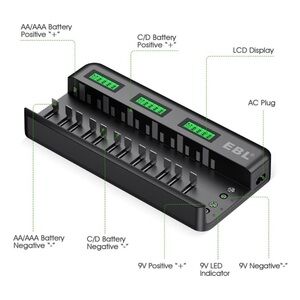 EBL NEW in Box Multi Slot Charger AA AAA C D 9 Volt Rechargeable Batteries